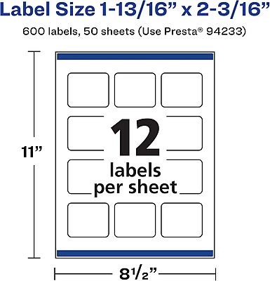 AVERY Matte White Rectangle Labels, Sure Feed Technology, 1-13/16 x 2-3/16