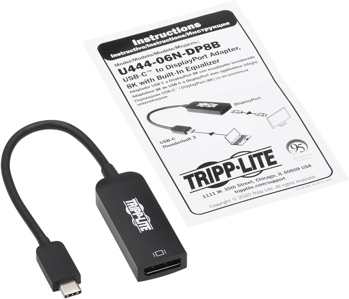 Tripp Lite USB-C to DisplayPort Adapter Cable, Thunderbolt 3 Compatible Cable Adapter USB C to DP (M/F), DisplayPort DP 1.4