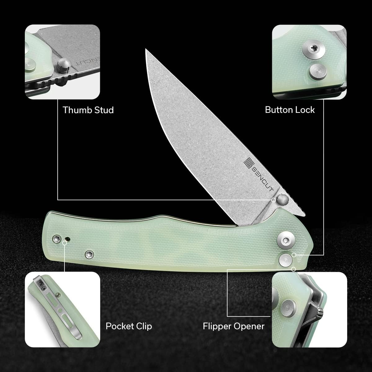 SENCUT Crowley Pocket Knife Button Lock Folding Knife for EDC, Natural G10 Handle Stonewashed D2 Blade Foldable Knife