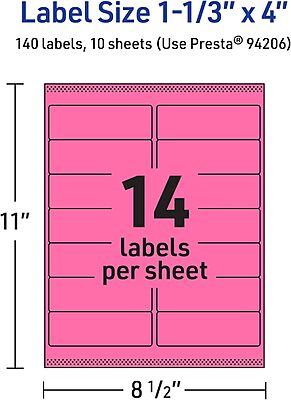 Avery Printable Rectangle Labels, Sure Feed Technology, 1-1/3" x 4", Bright Pink, Laser/Inkjet Printable