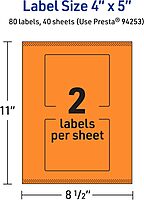 Avery Printable Rectangle Labels, Sure Feed Technology, 4" x 5", Bright Orange, Print-to-The-Edge, Laser/Inkjet Compatible