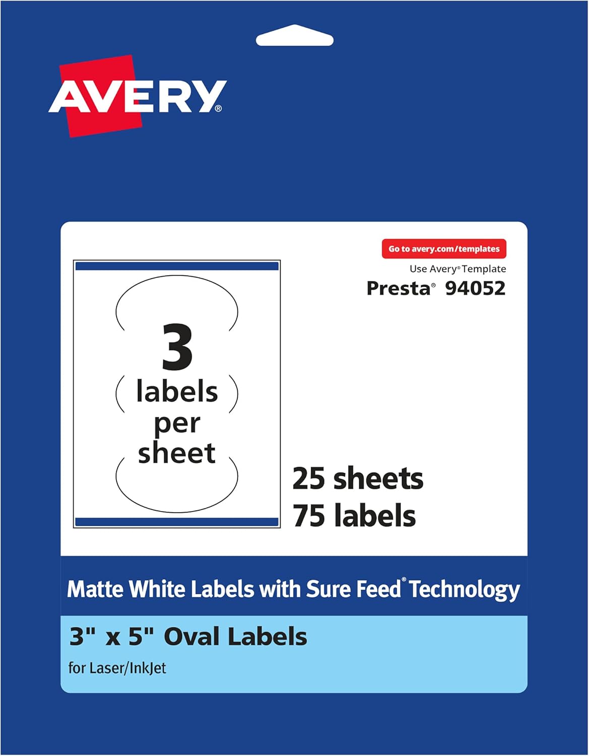 Avery Matte White Oval Labels, Sure Feed Technology, 3" x 5"