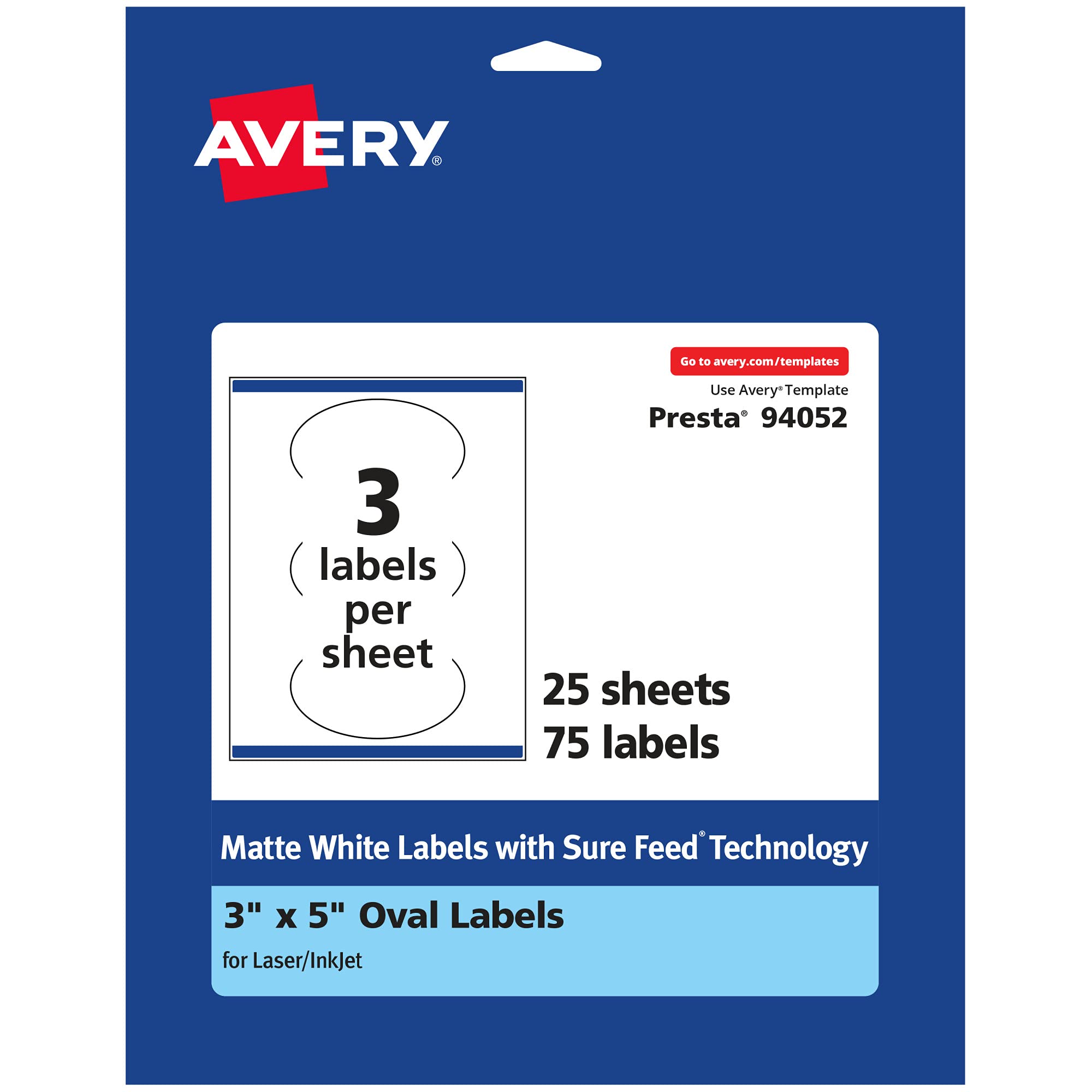 Avery Matte White Oval Labels, Sure Feed Technology, 3" x 5"