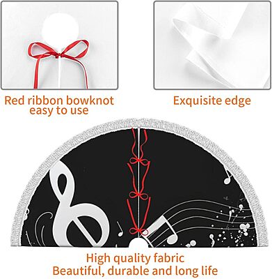 Black White Music Note Printed Christmas Tree Skirt 30 Inch - Thick Xmas Tree Skirt with Tassel for Indoor Outdoor Xmas Tree