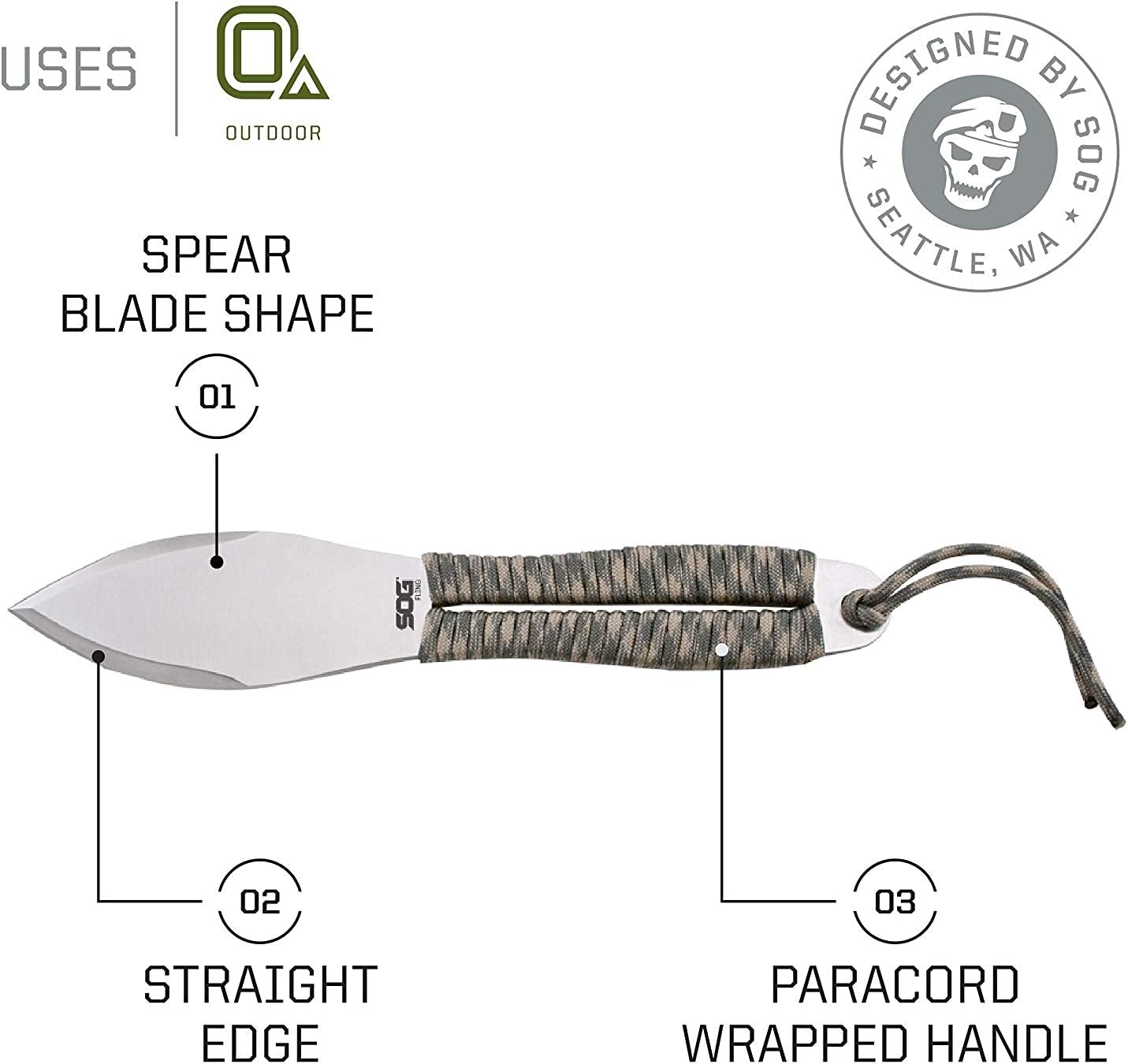 SOG Fling Throwing Knives- 3 Pack Balanced Throwing Knife Set with 2.8 Inch Steel Blades and 7 Feet Paracord Wrapped