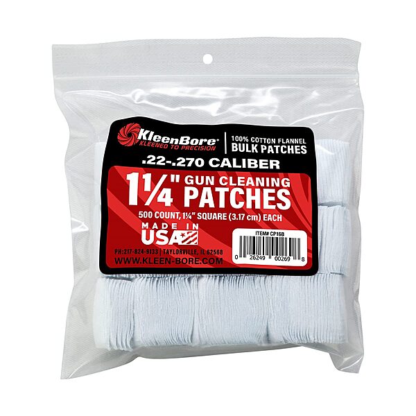 KleenBore 1-1/4” .22-.270 Cal. Cleaning Patches (500PK),White