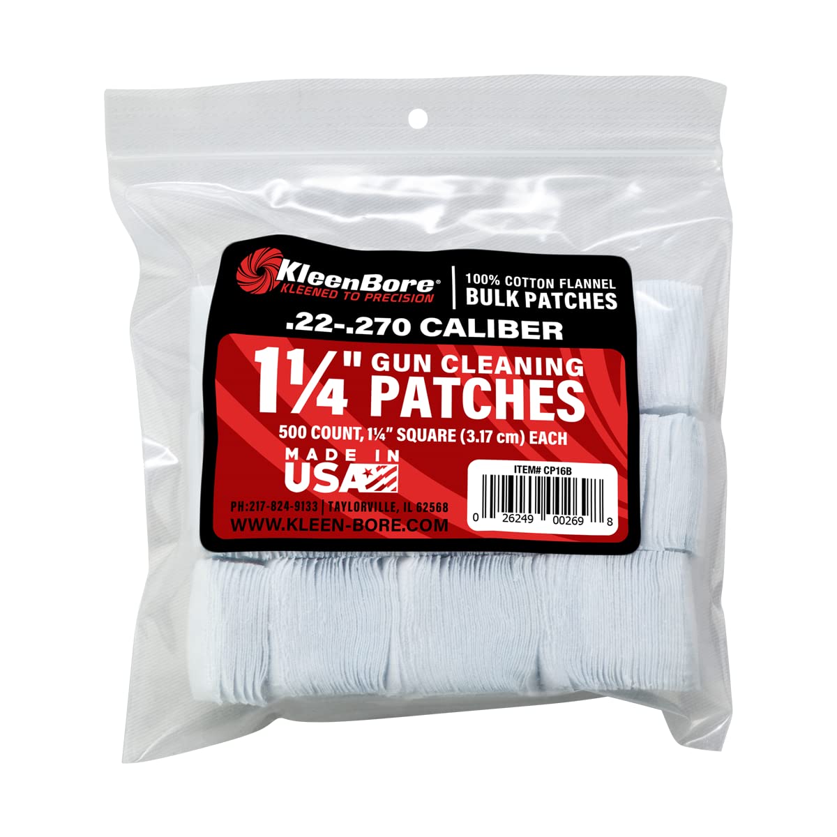 KleenBore 1-1/4” .22-.270 Cal. Cleaning Patches (500PK),White