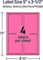 Avery Printable Rectangle Labels, Sure Feed Technology, 5" x 3.5", Bright Pink, Laser/Inkjet Printable