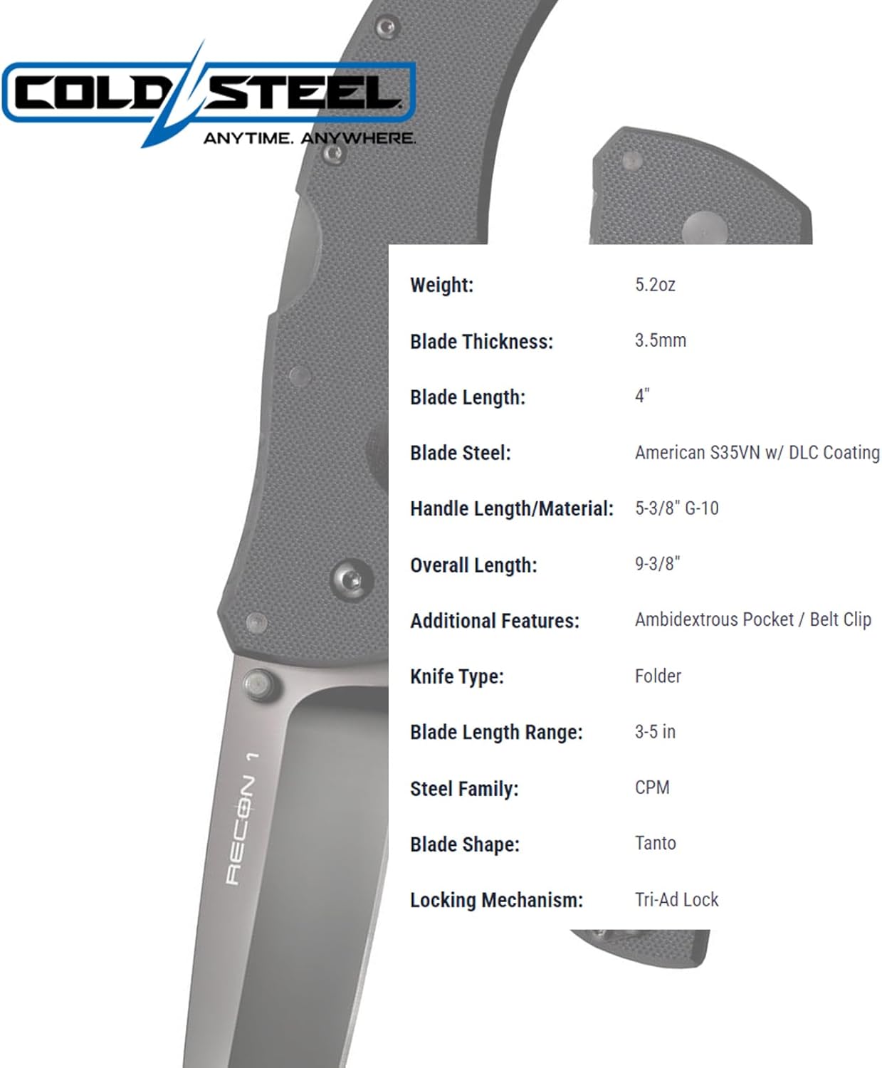 Cold Steel Recon 1 4" S35VN 5.375" G-10 Tactical Folding Knife w/Tri-Ad Lock