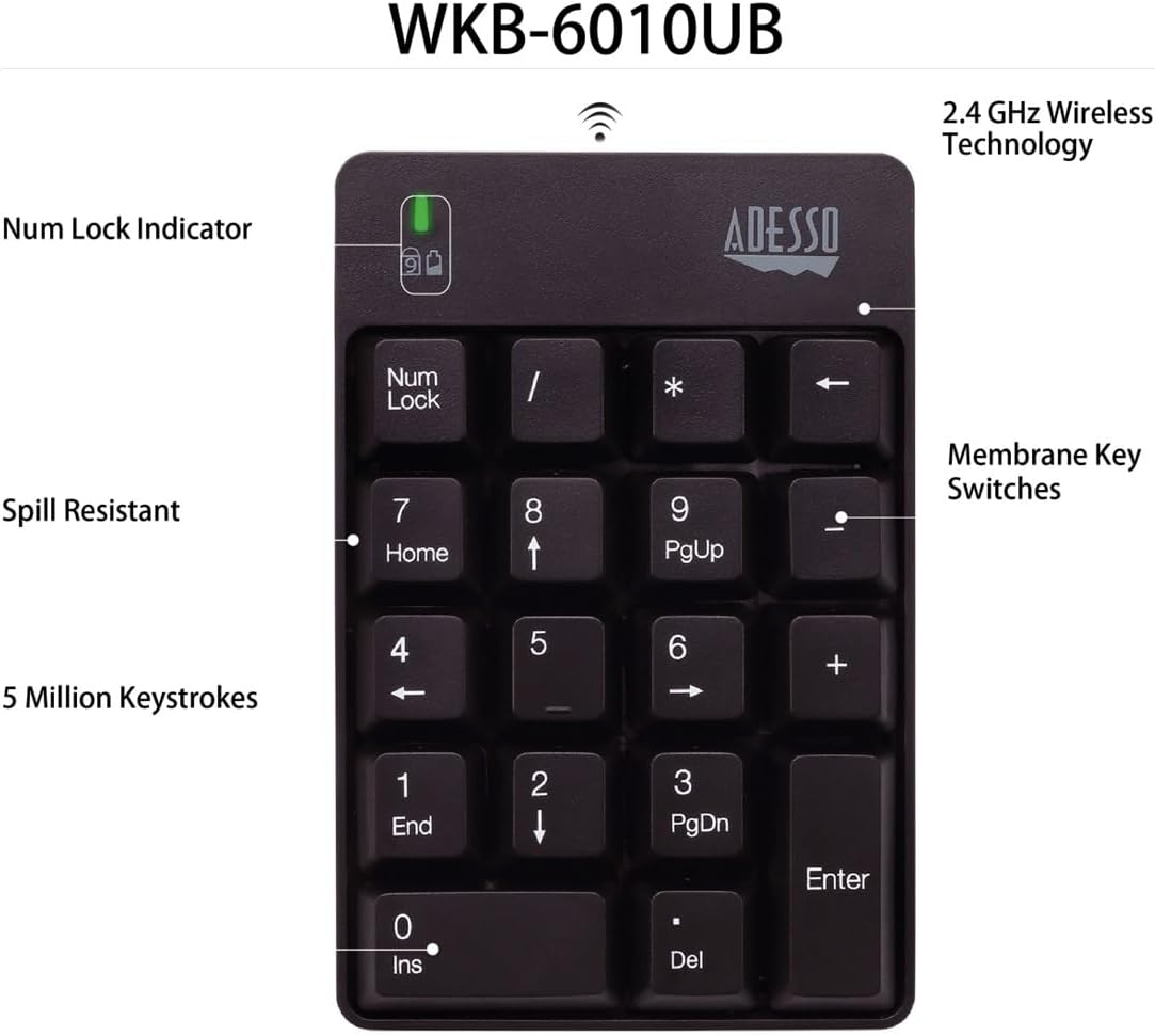 Adesso Wireless Spill Resistant 18-Key Numeric Keypad - Wireless Connectivity - RF - 30 ft - 2.40 GHz - WKB-6010UB