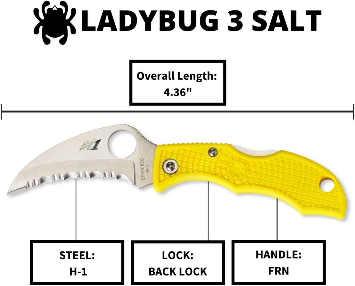 Spyderco Ladybug 3 Salt Lightweight Knife with 1.88" Corrosion Resistant H-1 Hawkbill Blade and Durable Hi-Viz Yellow FRN