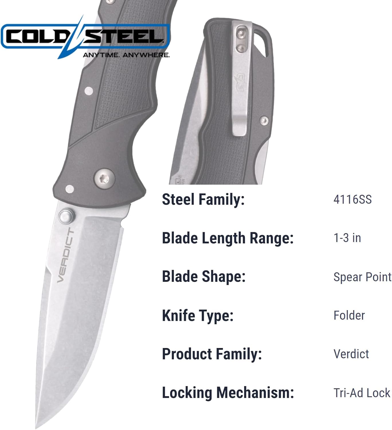 COLD STEEL Verdict Folding Knife with 4116SS GFN Handle and Tri-Ad Lock