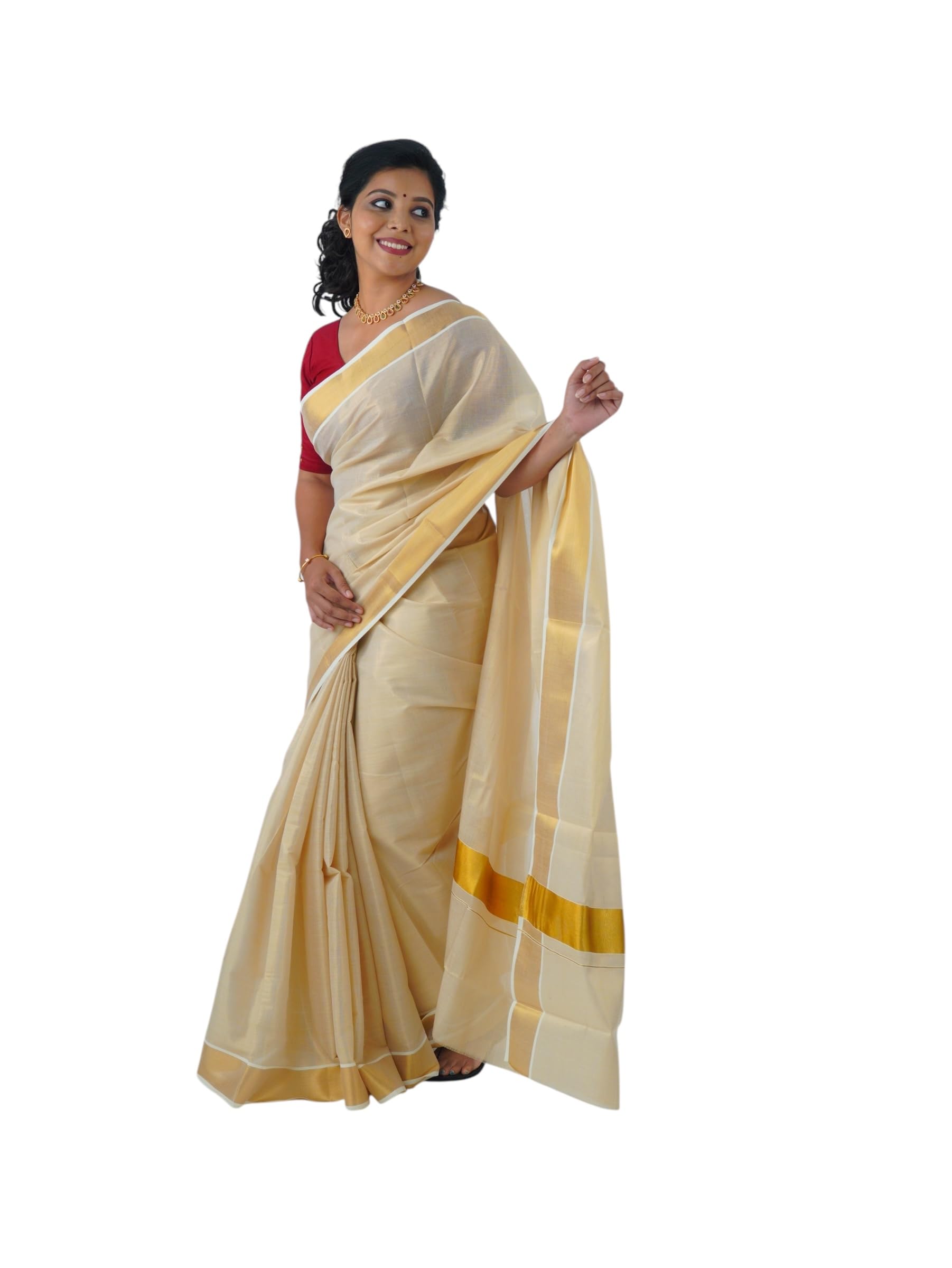 Kuthampully Kerala Saree |Traditional South Indian Sarees |Onam Cotton Kasavu Saree |Authentic South Cultural Sarees |Women's Plain Zari Kasavu |EKM-824 Pack -1 (Gold)