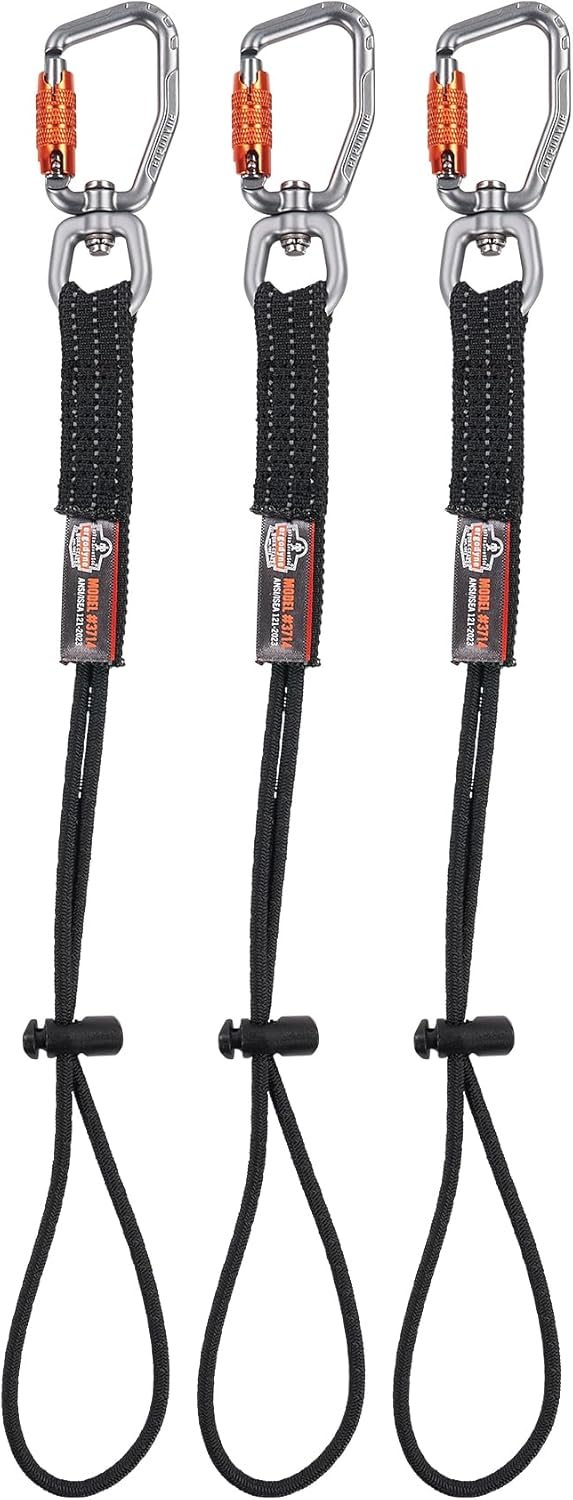 Ergodyne Squids 3714 Tool Lanyard and Tethering Attachment with Carabiner and Cinch Loop, Weight Rating 10lbs, 3-Pack