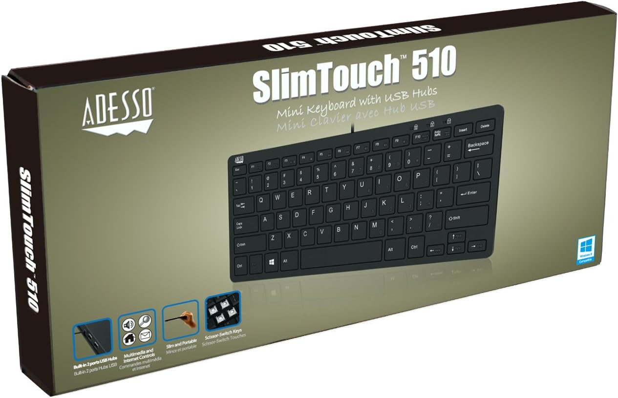 Adesso SlimTouch 510 Mini Keyboard with USB Hubs (AKB-510HB), Black