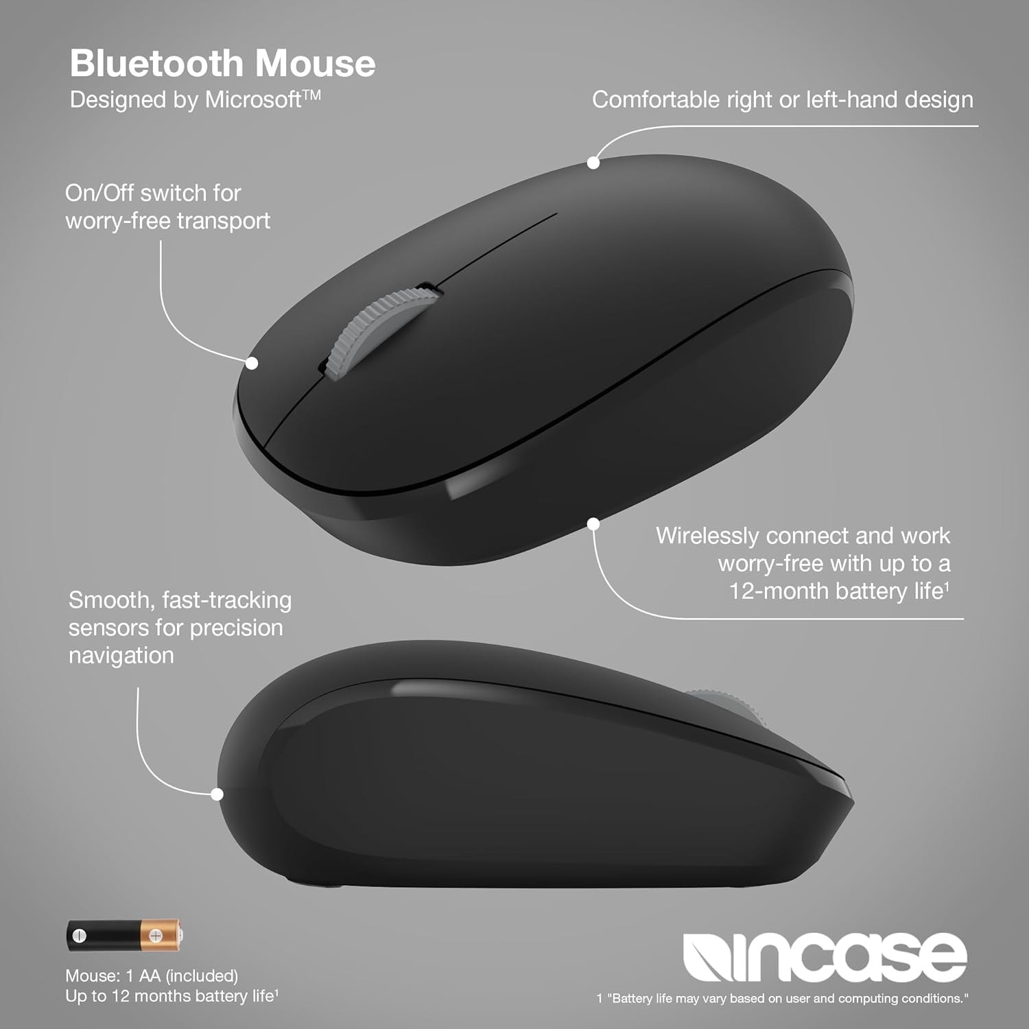 INCASE Bluetooth Mouse - Designed by Microsoft - Compact Ambidextrous Wireless Mouse with 4-Way Scroll