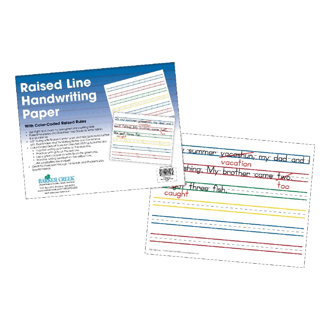 Barker Creek Raised Line Handwriting Paper with Color-Coded Raised Rules, 8.5 x 11