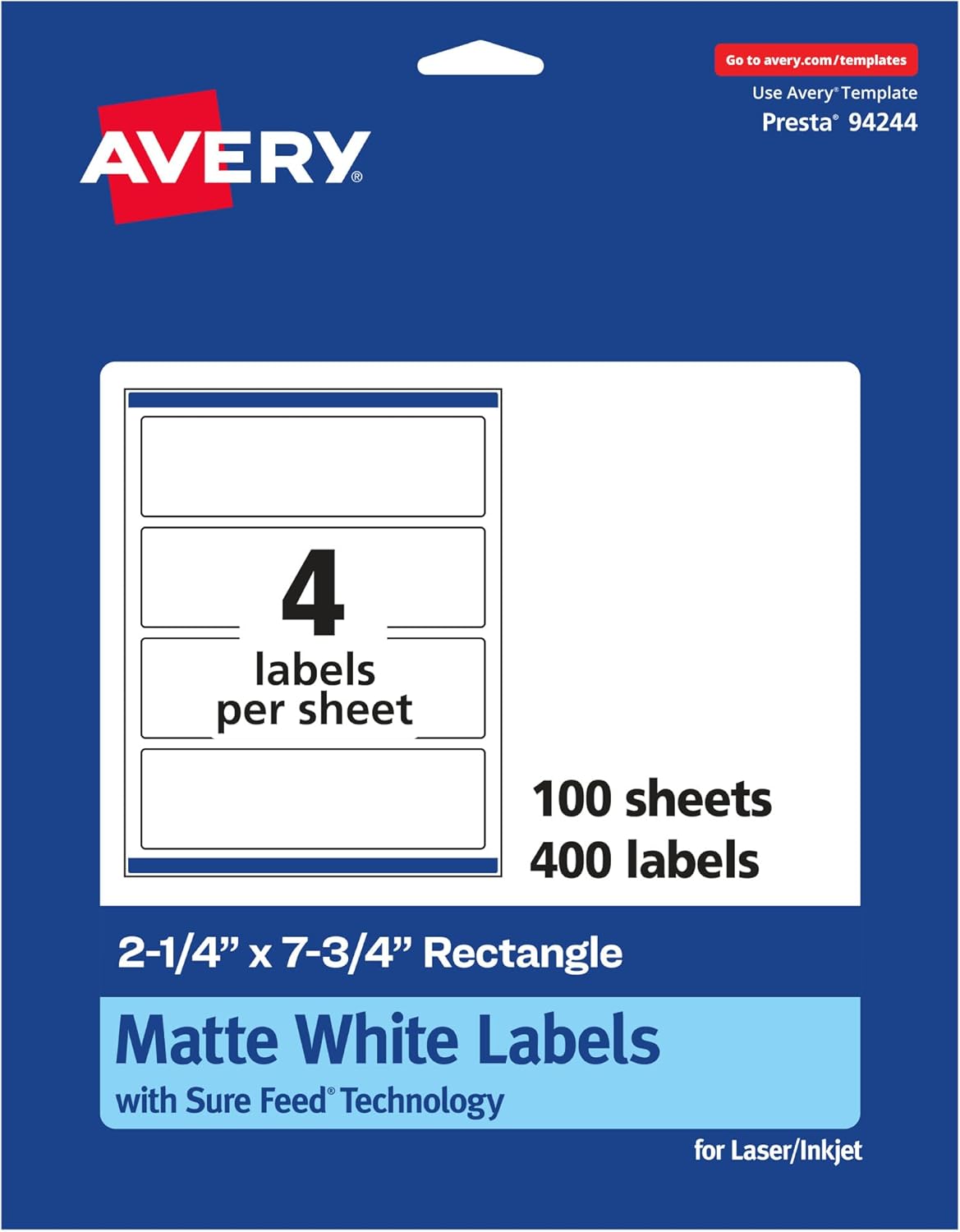 Avery Matte White Rectangle Labels, Sure Feed Technology, 2.25 x 7.75