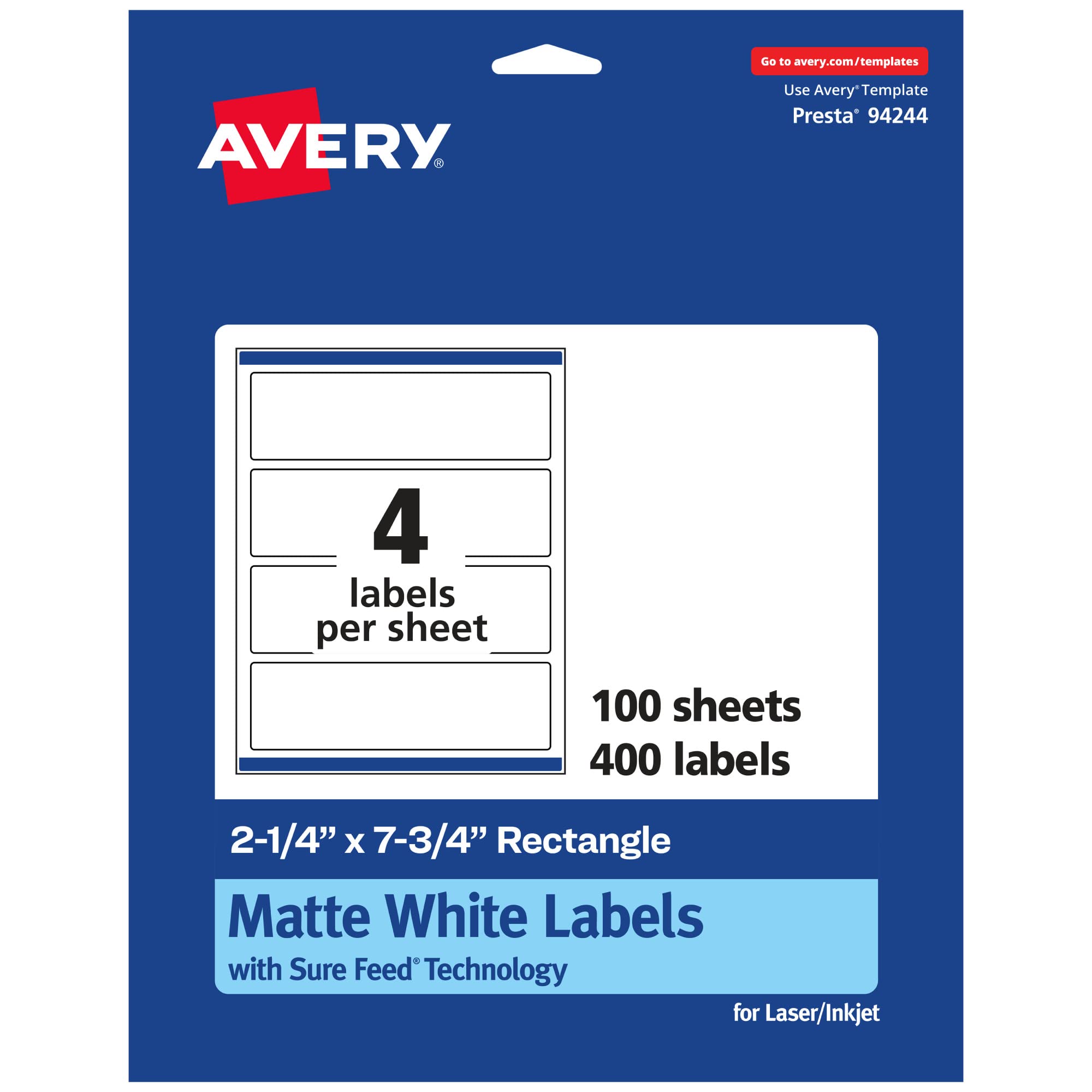 Avery Matte White Rectangle Labels, Sure Feed Technology, 2.25 x 7.75