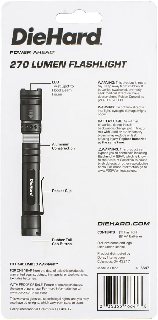 DieHard 270-Lumen Aluminum Twist-Focus Flashlight, 5-3/4in x 1in, Gray