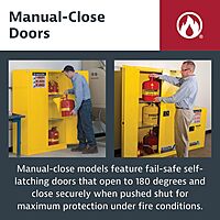 Justrite 22 Gallon Manual Close Slimline Flammable Storage Cabinet, 18 Gauge Steel, 3 Shelves, 2 Door Fire Cabinet