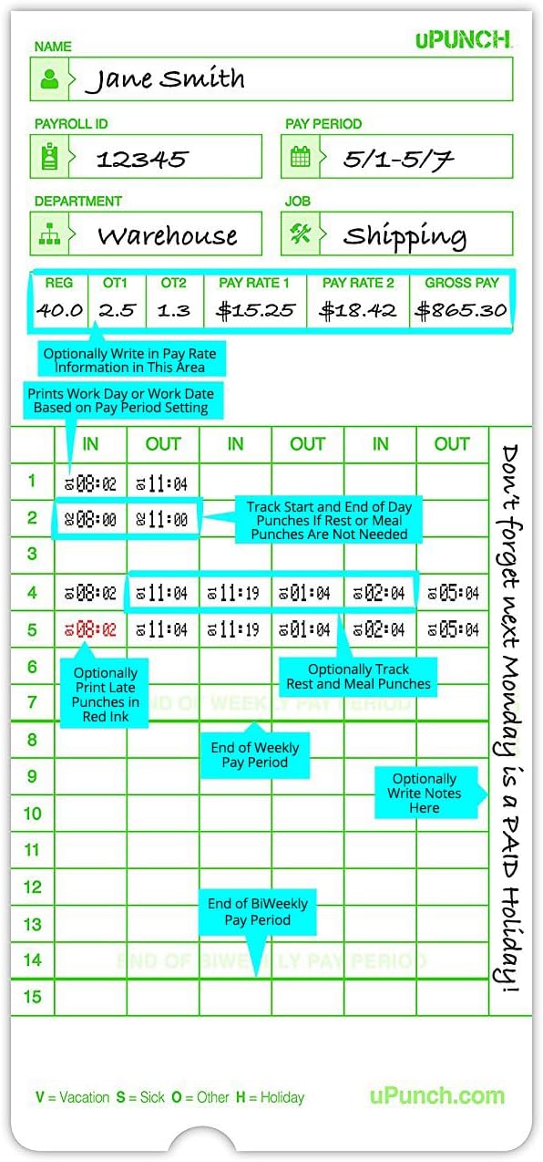 uPunch All Pay Periods Time Cards, 2-Sided, 3.5in x 7.5in, Green