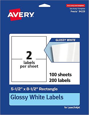 AVERY Glossy White Rectangle Labels, 5.5" x 8.5", Permanent Adhesive, Laser/Inkjet Printable