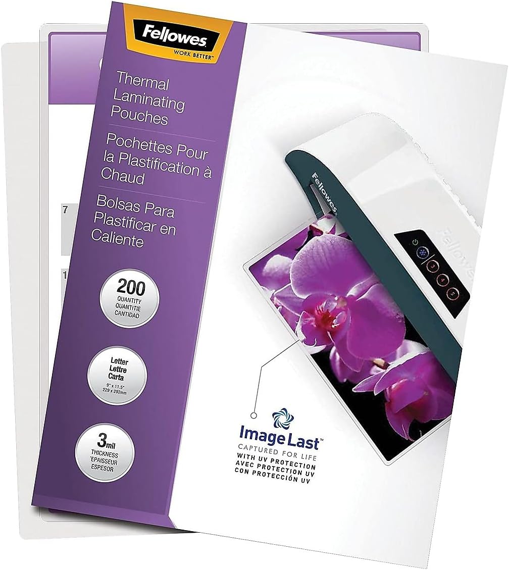 Fellowes Thermal Laminating Pouches, ImageLast, Jam Free Letter Size, 3 Mil, 200 Pack (5244101)