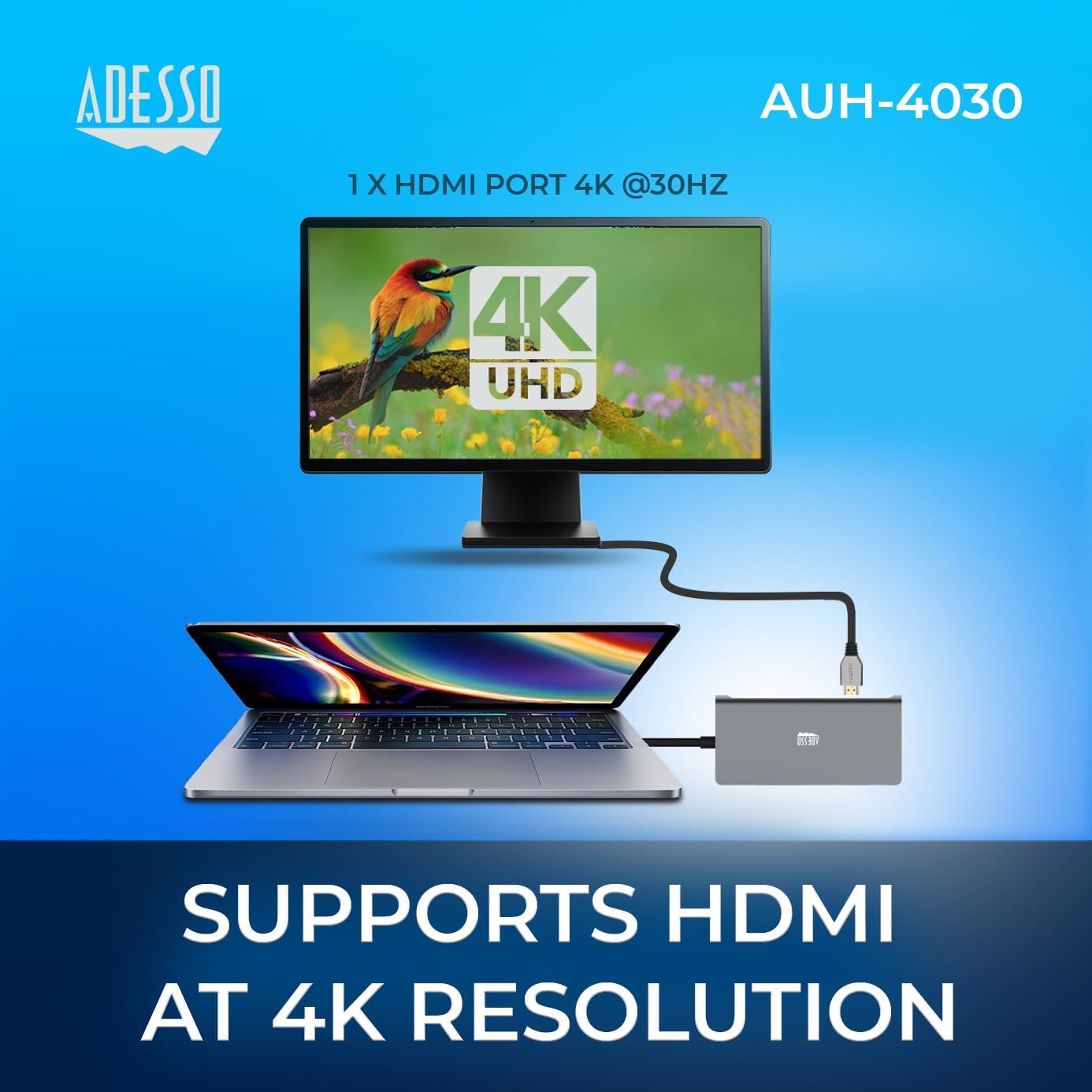 Adesso AUH-4030 8-in-1 USB-C Multiport Docking Station - HDMI 4K, RJ45, PD