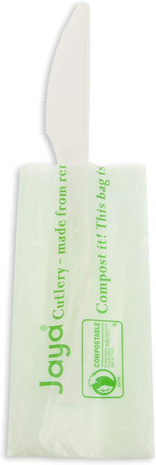 Jaya 100% Compostable 6.5" Heavy Duty Cutlery, Indv. Wrapped Knife, White, 750-Count Case