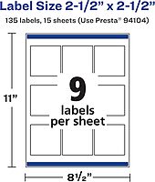 Avery Matte White Removable Square Labels, Sure Feed Technology, 2.5" x 2.5", 135 Removable Labels, Laser/Inkjet Printable 135 labels