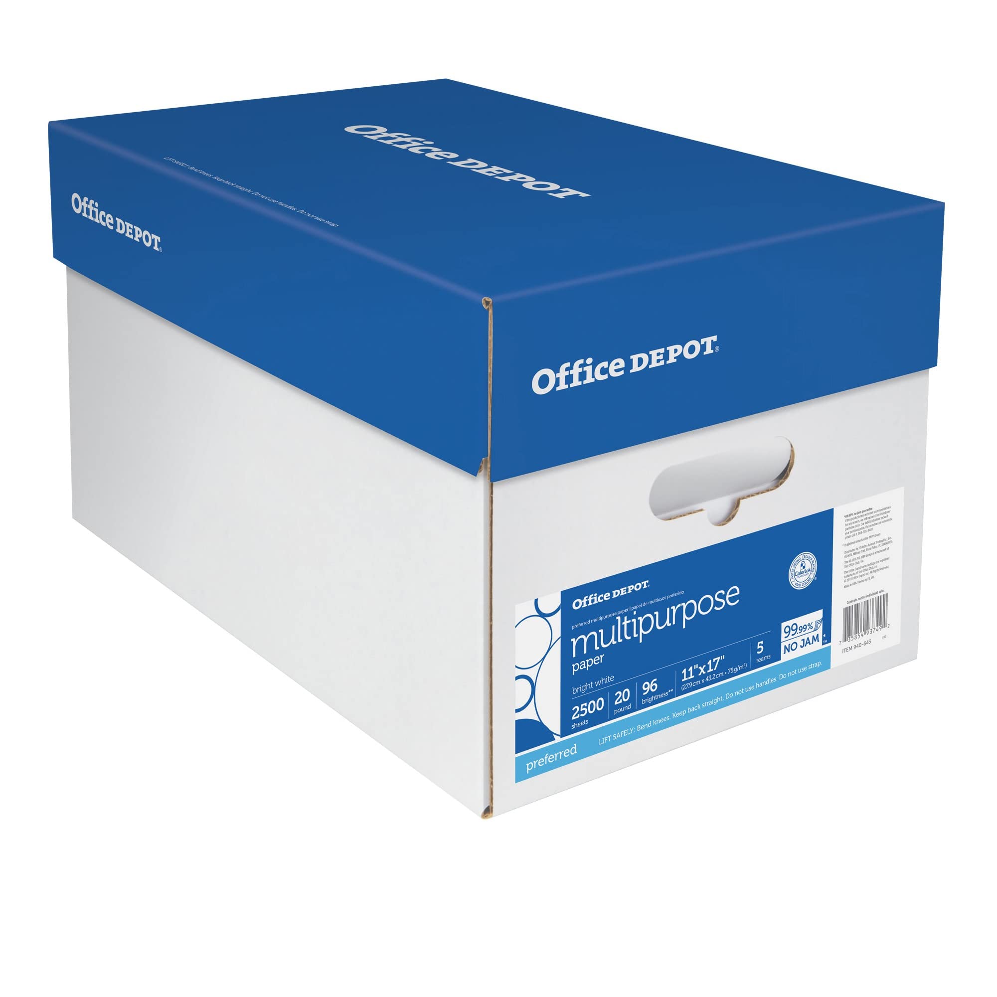 Office Depot Multi-Use Printer & Copy Paper, 5 Reams, White, Ledger (11in x 17in), 2500 Sheets Per Case, 20 Lb, 96 Brightness