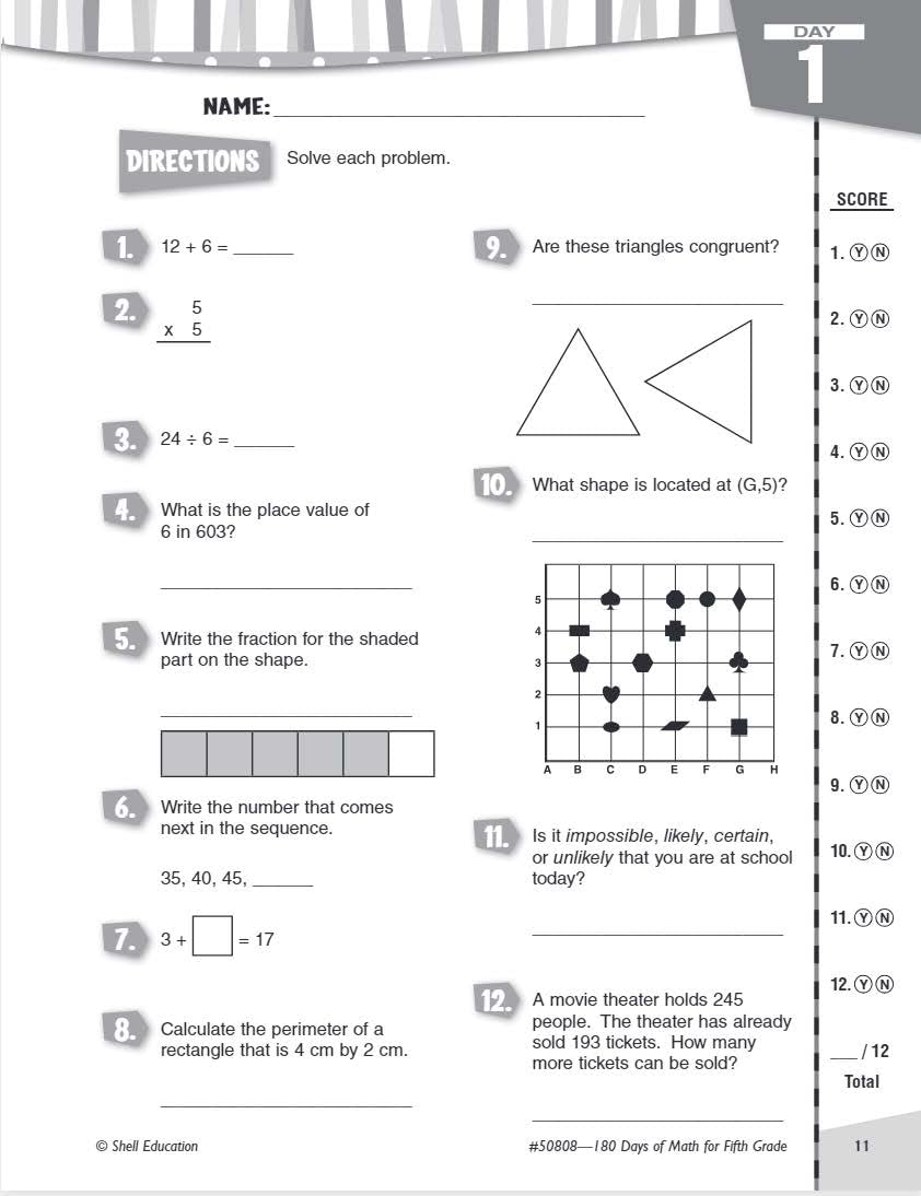 Shell Education 180 Days of Math for Fifth Grade (180 Days of Practice)