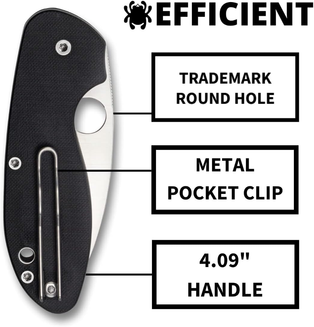Spyderco Efficient Value Knife with 2.98" Stainless Steel Drop-Point Blade and Durable Black G-10 Handle - PlainEdge