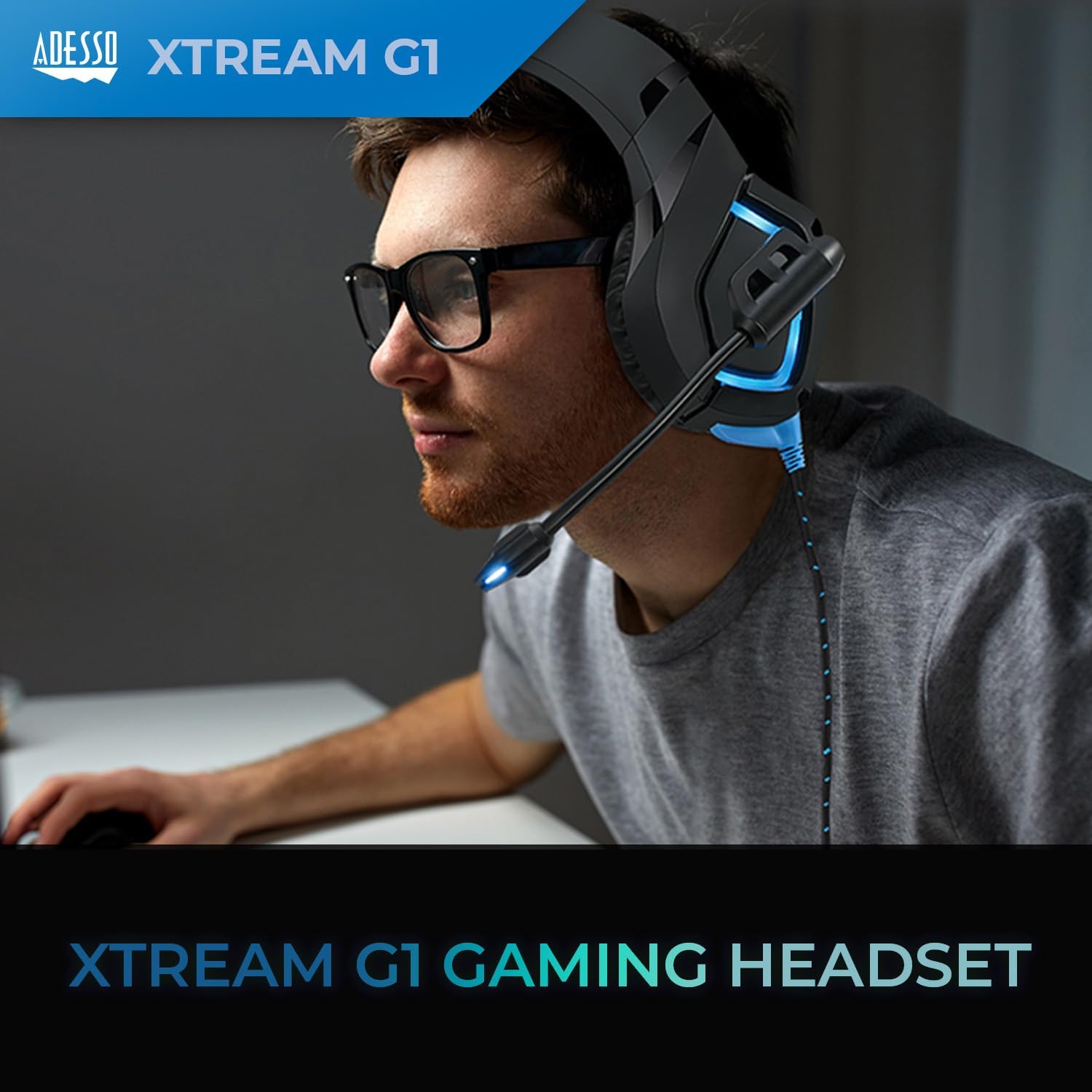 ADESSO Xtream Gaming Headset with 50 mm Drivers, Noise Cancelling Microphone and LED Lighting