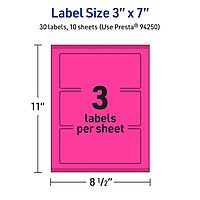 Avery Printable Rectangle Labels, Sure Feed Technology, 3" x 7", Neon Magenta Labels, Print-to-The-Edge, Laser/Inkjet Printable, 30 Total, Great for Candles and Jars 30 labels