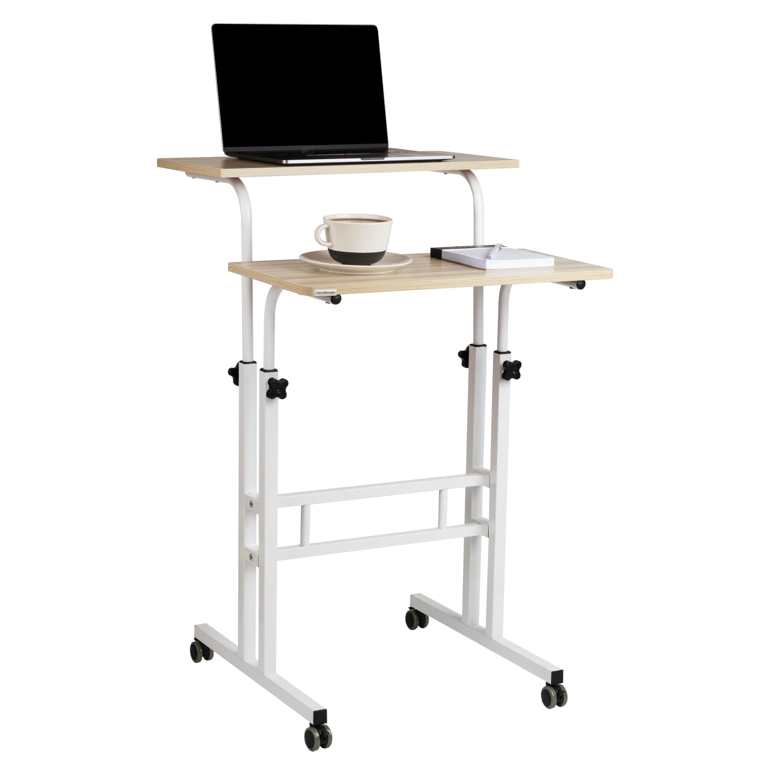Mind Reader Standing Desk, Adjustable Height, Computer Desk, Laptop Desk, Portable, Rolling, 38"L x 21.25"W x 45.25"H, White