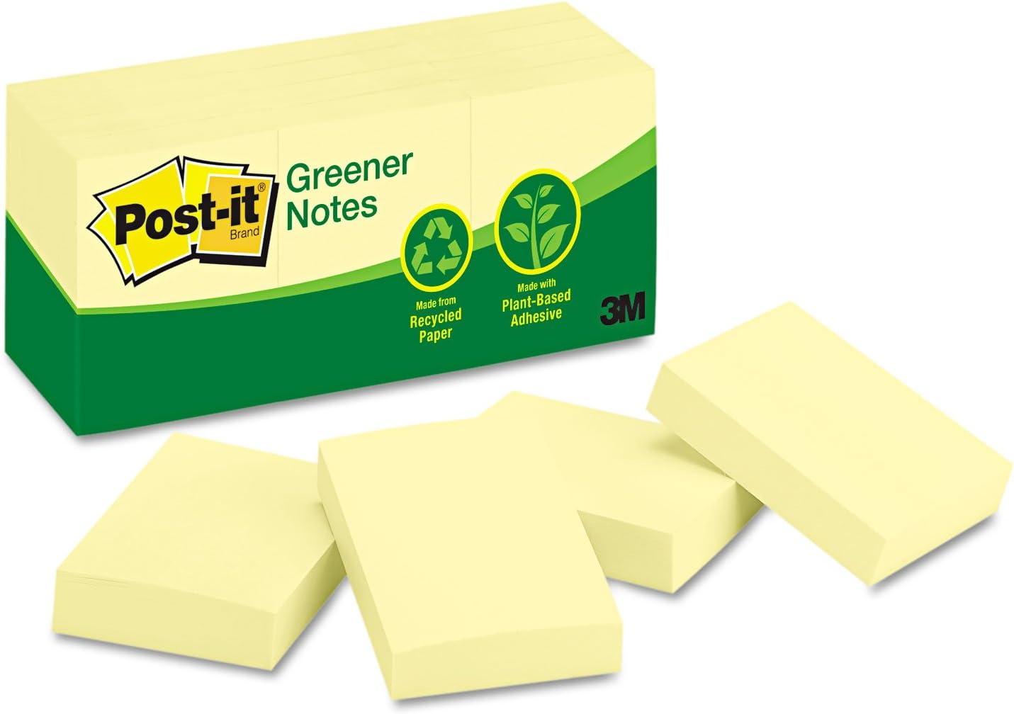 Post-it Greener Notes, 1.5x2 in, 12 Pads, America's #1 Favorite Sticky Notes,Canary Yellow, Clean Removal