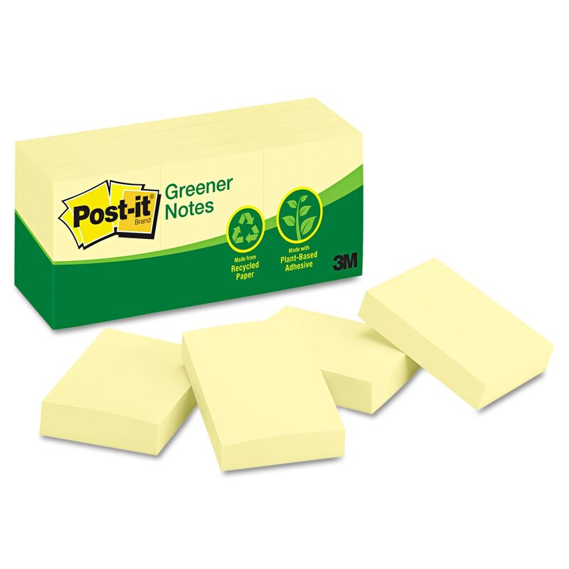 Post-it Greener Notes, 1.5x2 in, 12 Pads, America's #1 Favorite Sticky Notes,Canary Yellow, Clean Removal