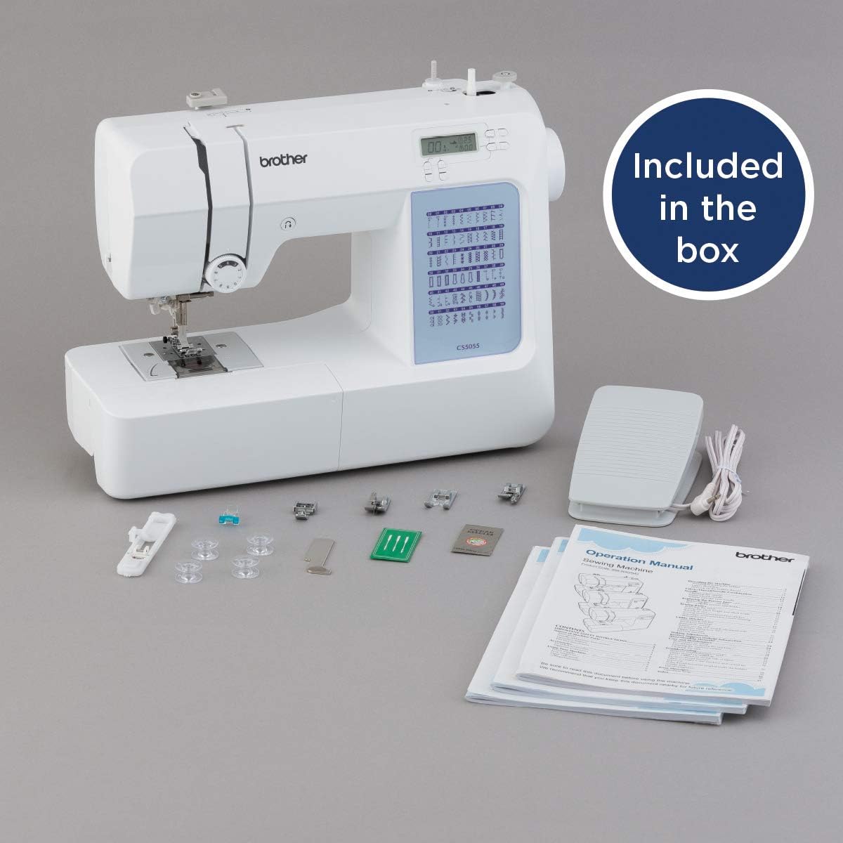 Brother CS5055 Computerized Sewing Machine, 60 Built-in Stitches, LCD Display, 7 Included Feet, White New Model: CS5055