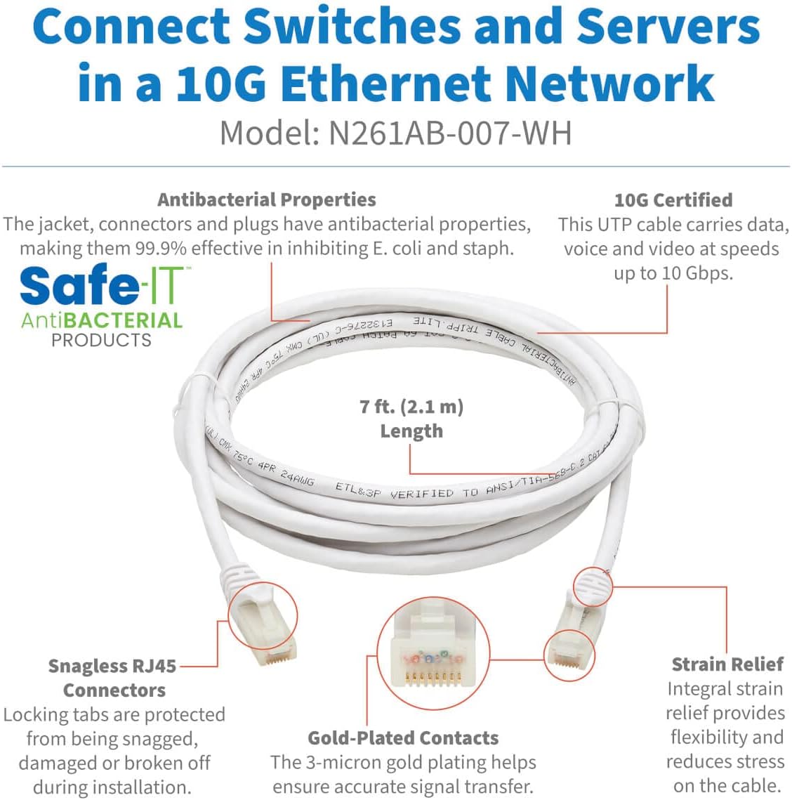 Tripp Lite, Safe-IT, Cat6a Ethernet Cable, 10G Certified Snagless, UTP (RJ45 M/M), White, 7 Feet / 2.1 Meters