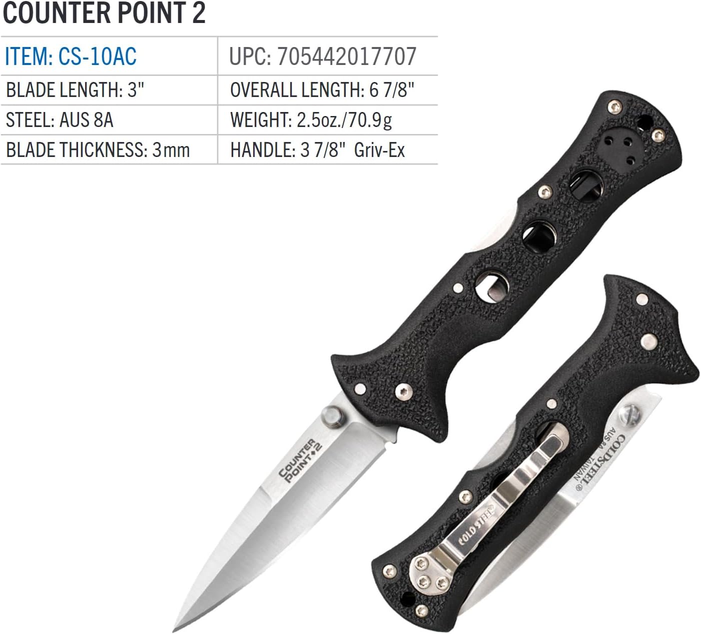 COLD STEEL Counter Point 2 3" Japanese AUS8A Razor-Sharp Blade 3.875" Griv-Ex Handle Narrow Blade Folding Knife withTri-Ad
