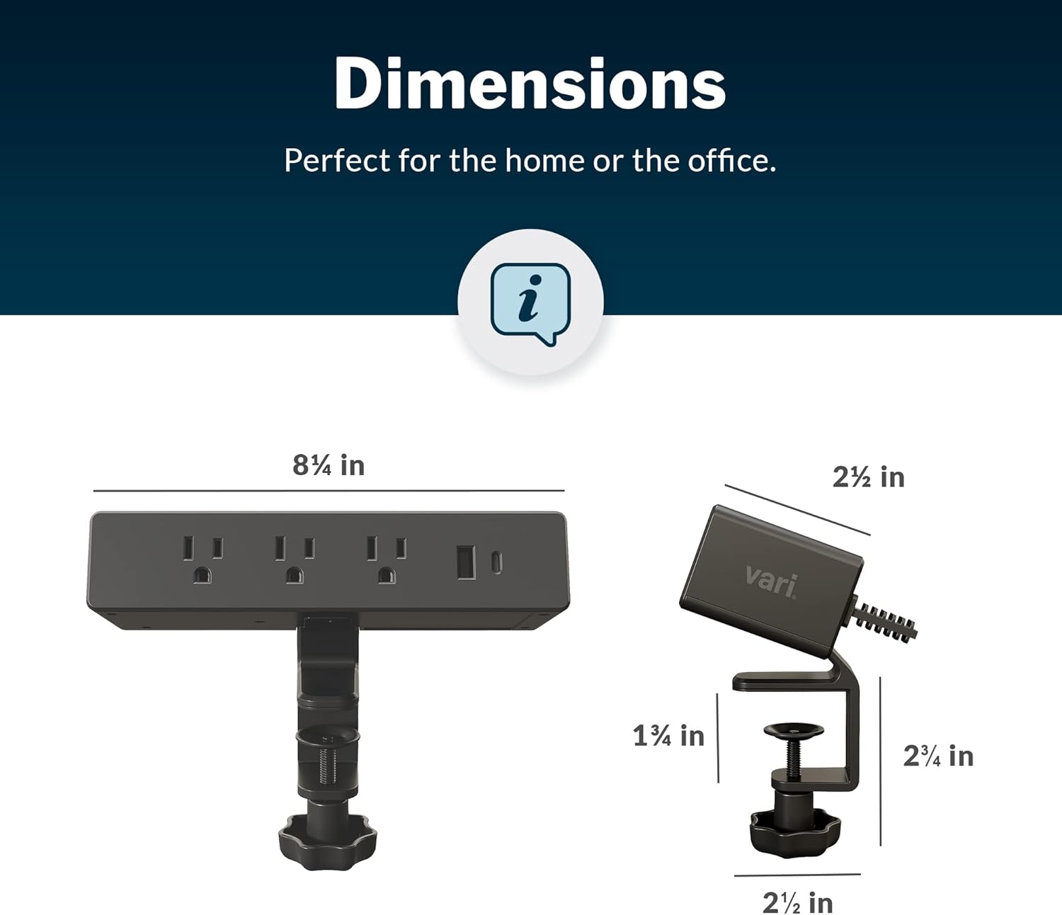 Vari Power Hub - Desk Mount Power Charging Station with Multiple Outlets - 5 AC Outlets, 2 USB Ports
