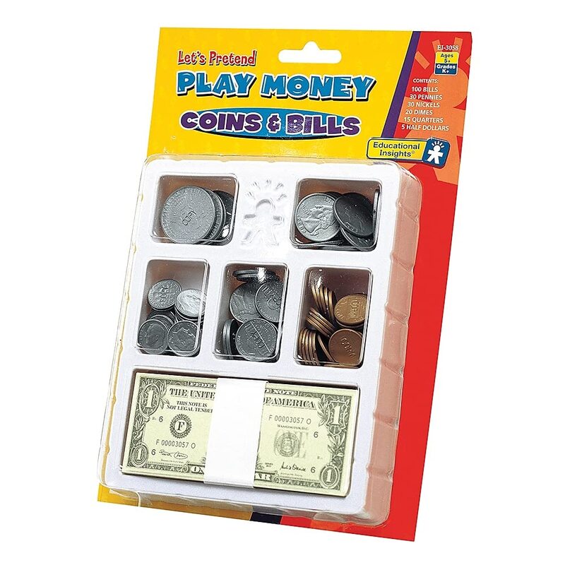 Educational Insights Play Money Coins & Bills Tray, Set of 200 Pieces of Play Money for Classroom or Home