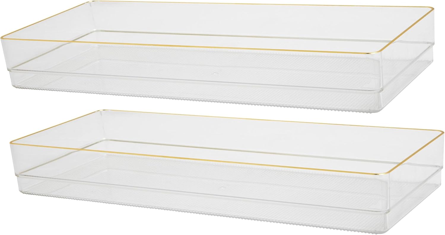 Martha Stewart Kerry Plastic Stackable Office Desk Drawer Organizers with Gold Trim