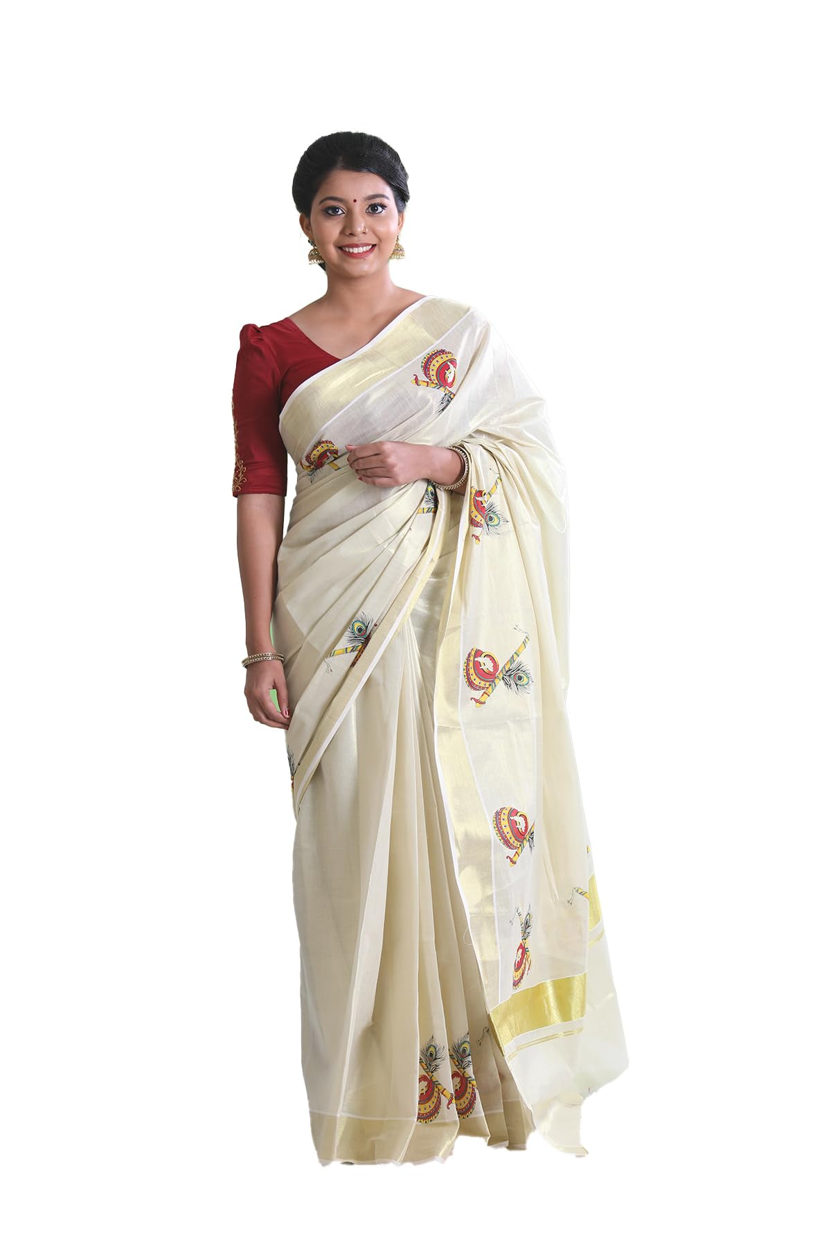 Kuthampully Kerala Kasavu Saree Tissue Mural Painted | Traditional South Indian Saree | Onam Saree | Kerala Saree - Multi Color EKM-774