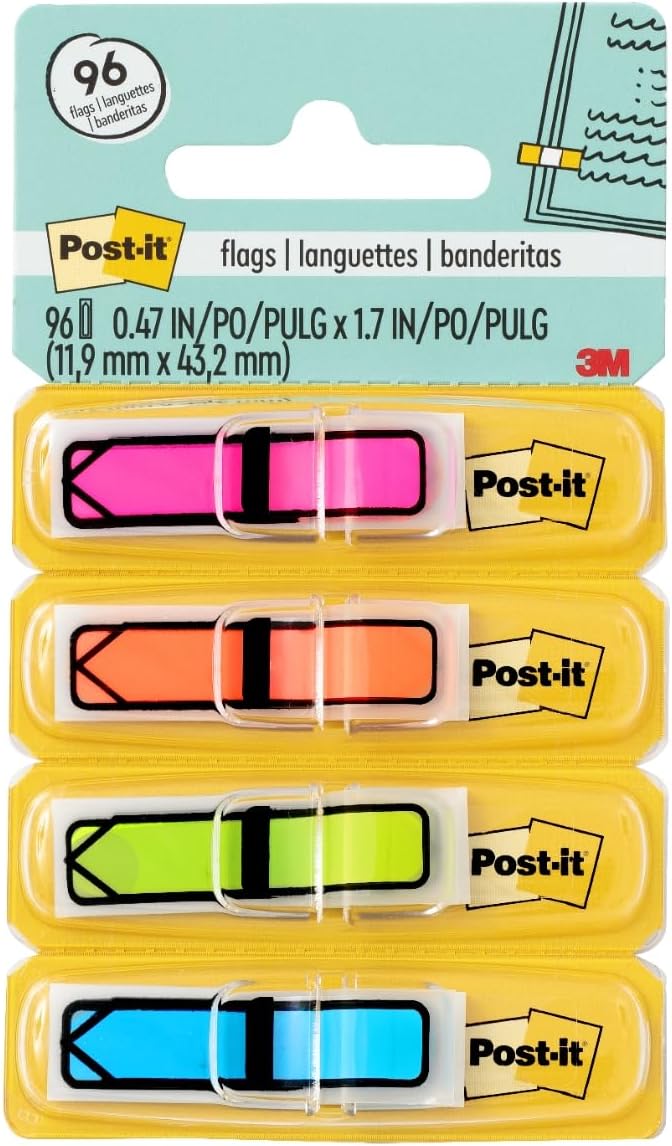 Post-it Arrow Flags, Assorted Bright Colors, .47 in Wide, 24/Dispenser, 4 Dispensers/Pack (684-ARR4)