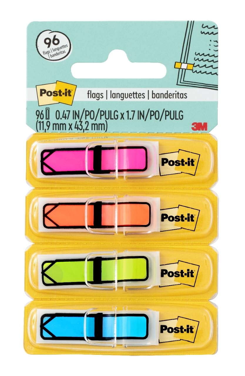 Post-it Arrow Flags, Assorted Bright Colors, .47 in Wide, 24/Dispenser, 4 Dispensers/Pack (684-ARR4)