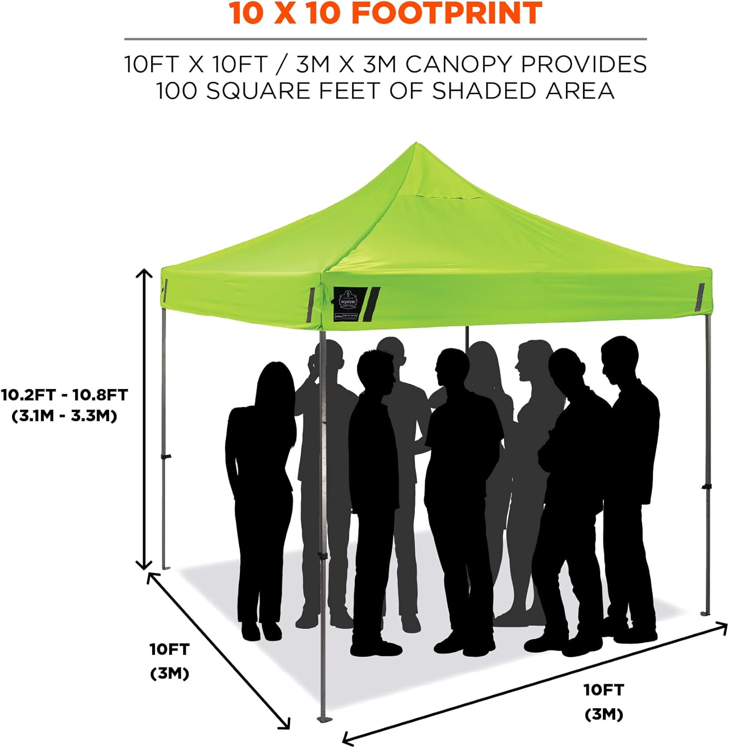 Pop Up Canopy Tent, Heavy Duty, 10' x 10' Area, Peak Height 14', Includes Wheeled Bag, Ergodyne Shax 6000, Lime