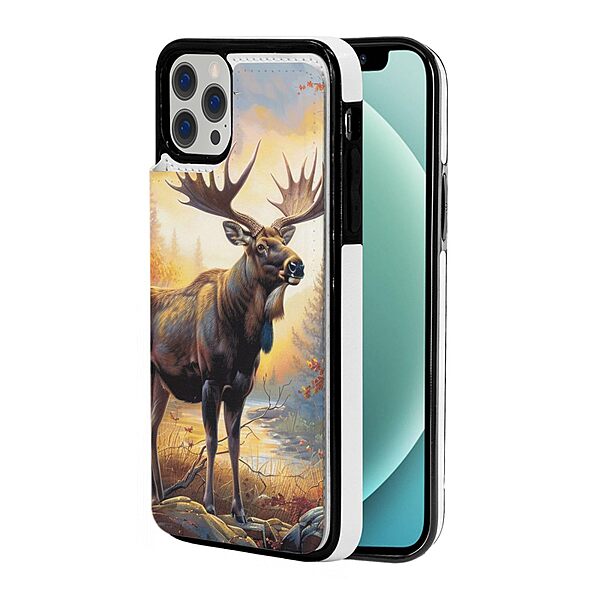 Fall Moose Deer Printed Wallet Case for iPhone 12-6.1 Inch with Card Holder